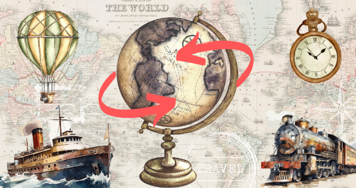 A map of the world, with a vintage style globe and arrows indicating travelling in different directions around it.